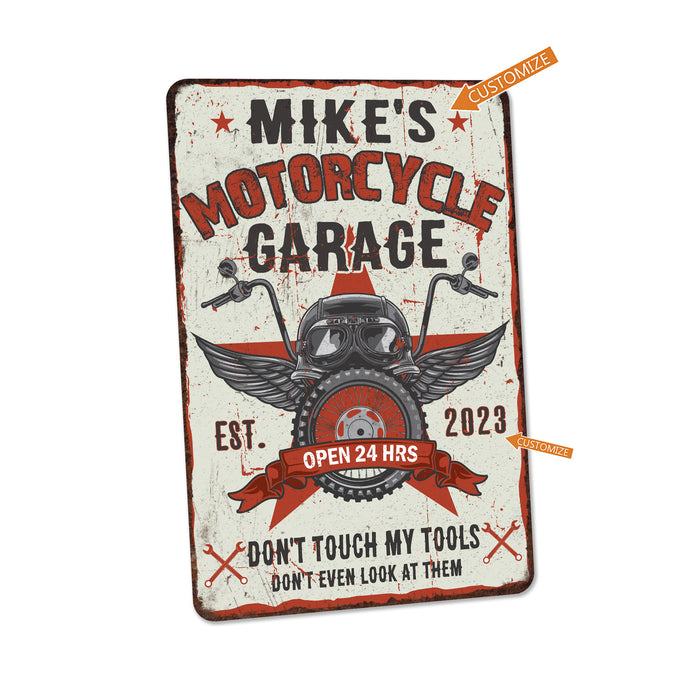 Garage Sign Custom Name Motorcycle Man Cave Gift for Men Metal Sign Auto Workshop Mechanic Classic Car