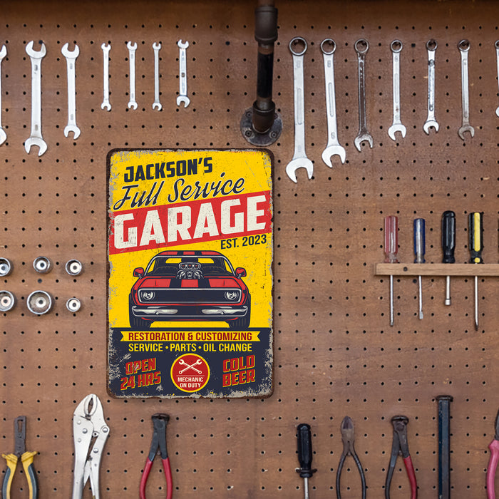 Garage Sign Custom Name Man Cave Gift for Men Workshop Mechanic Metal Sign