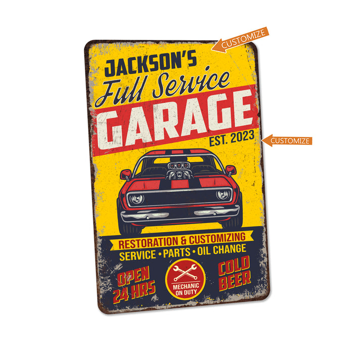 Garage Sign Custom Name Man Cave Gift for Men Workshop Mechanic Metal Sign