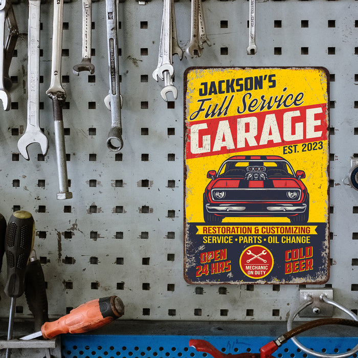 Garage Sign Custom Name Man Cave Gift for Men Workshop Mechanic Metal Sign