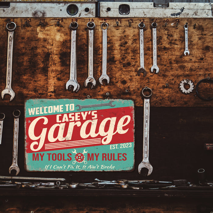 Garage Sign Custom Name Man Cave Gift for Men Workshop Mechanic Metal Sign