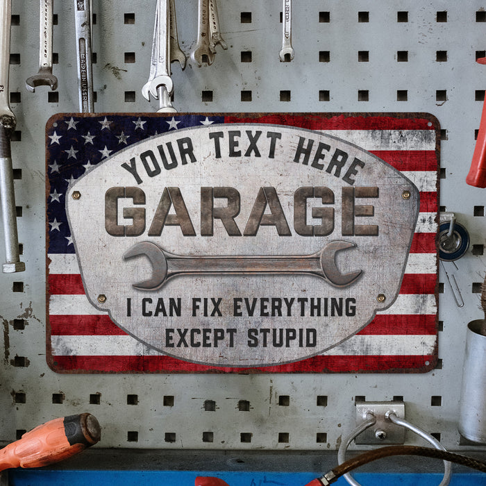 Custom Garage Sign Wrench Man Cave Gift for Men Metal American Flag