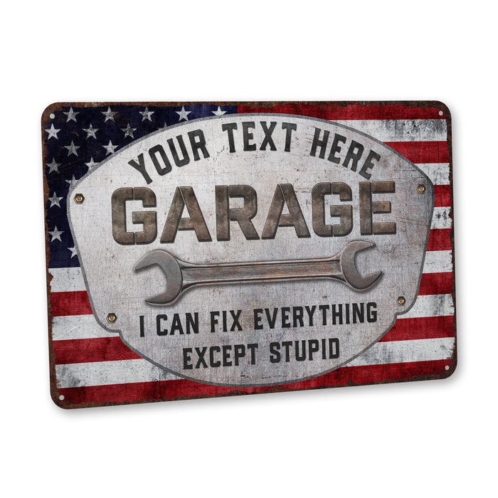 Custom Garage Sign Wrench Man Cave Gift for Men Metal American Flag