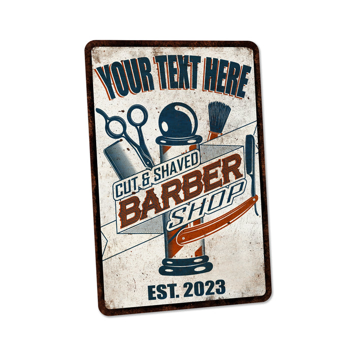 Custom Barber Shop Sign Barber Pole Haircut Cut & Shaved Razor Scissor Salon