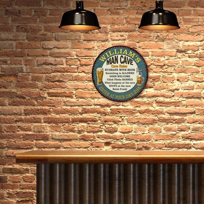 Personalized Man Cave Rules 14" Round Metal Sign Garage Bar Decor 100140009001