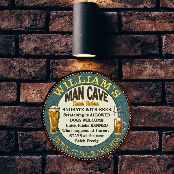 Personalized Man Cave Rules 14" Round Metal Sign Garage Bar Decor 100140009001