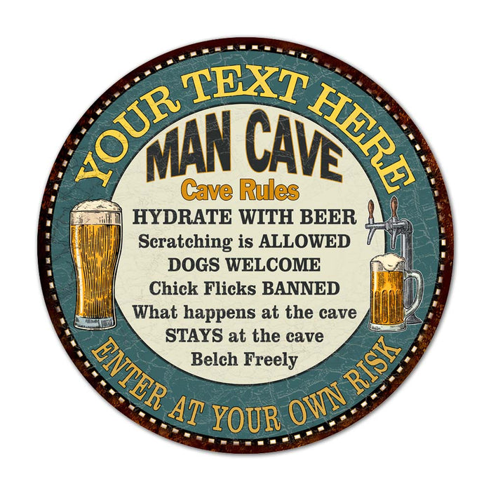 Personalized Man Cave Rules 14" Round Metal Sign Garage Bar Decor 100140009001