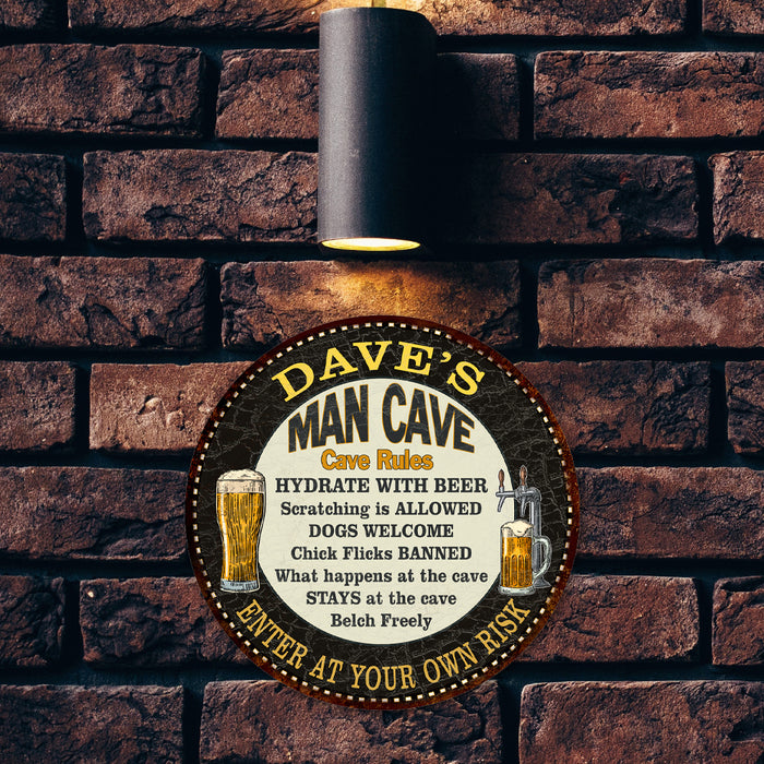 Personalized Man Cave Rules 14" Round Metal Sign Garage Bar Decor 100140010001