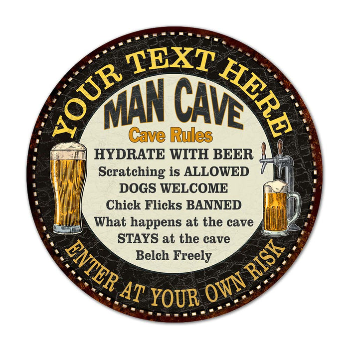 Personalized Man Cave Rules 14" Round Metal Sign Garage Bar Decor 100140010001