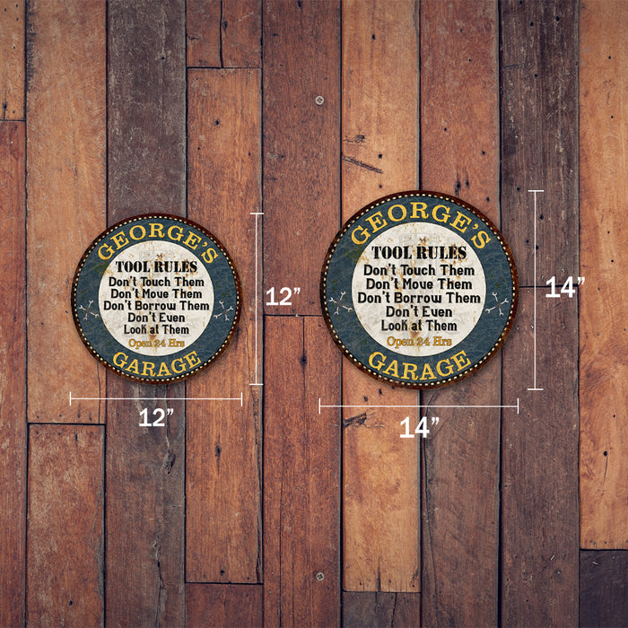 Personalized Garage Rules 14" Round Metal Sign Garage Bar Wall Decor 100140015001