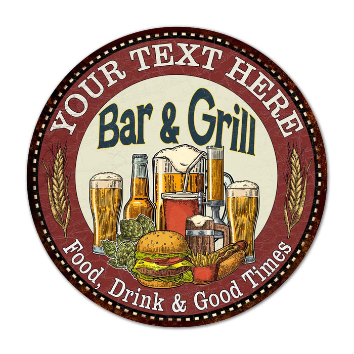 Personalized Bar and Grill 14" Round Metal Sign Kitchen Wall Decor 100140020001