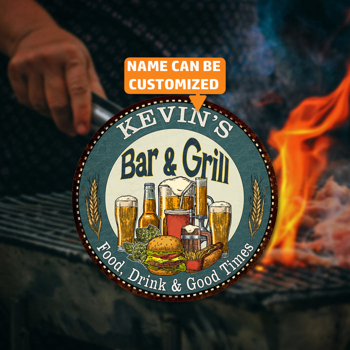 Personalized Bar and Grill 14" Round Metal Sign Kitchen Wall Decor 100140023001