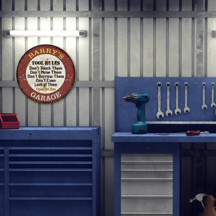 Custom Garage Tool Rules 14" Round Metal Sign Garage Bar Wall Decor