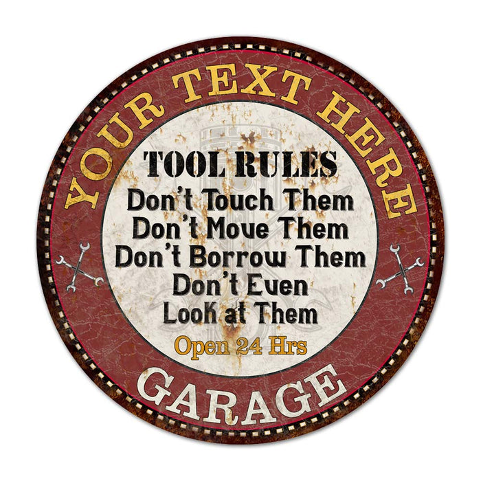 Custom Garage Tool Rules 14" Round Metal Sign Garage Bar Wall Decor