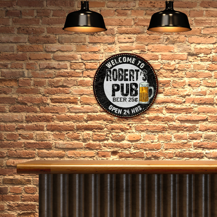 Personalized Pub 14" Round Metal Sign Beer Bar Black Wall Decor Gift 100140039001