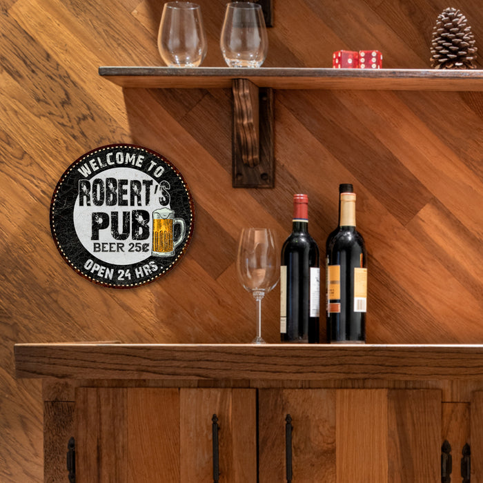 Personalized Pub 14" Round Metal Sign Beer Bar Black Wall Decor Gift 100140039001