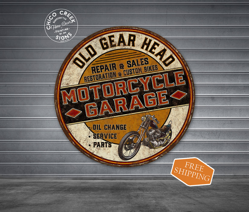 Old Gear Head Motorcycle Garage Sign Oil Change Dirt Bike Chopper Wall Decor Sign Dad Gift 100142001010