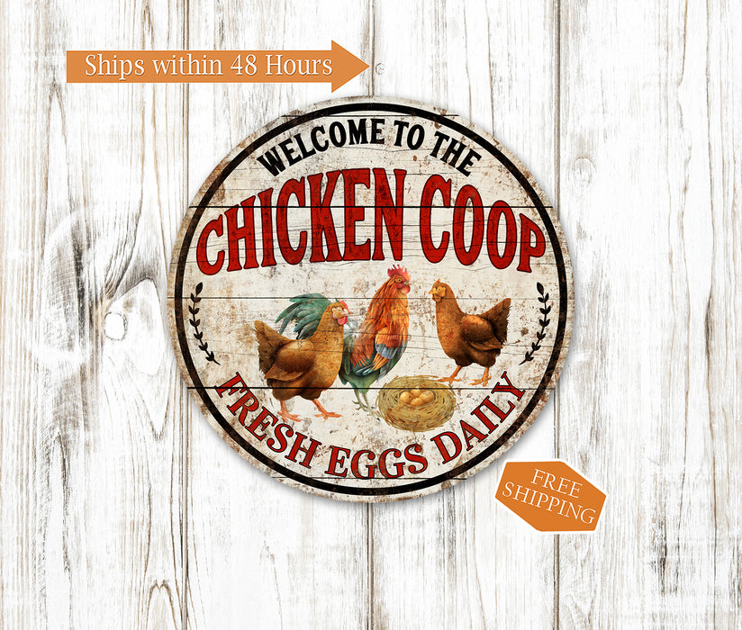 Welcome Chicken Coop Sign Farm Fresh Eggs Rooster Poultry Wall Decor Farm Garden 14" Round 100142001017