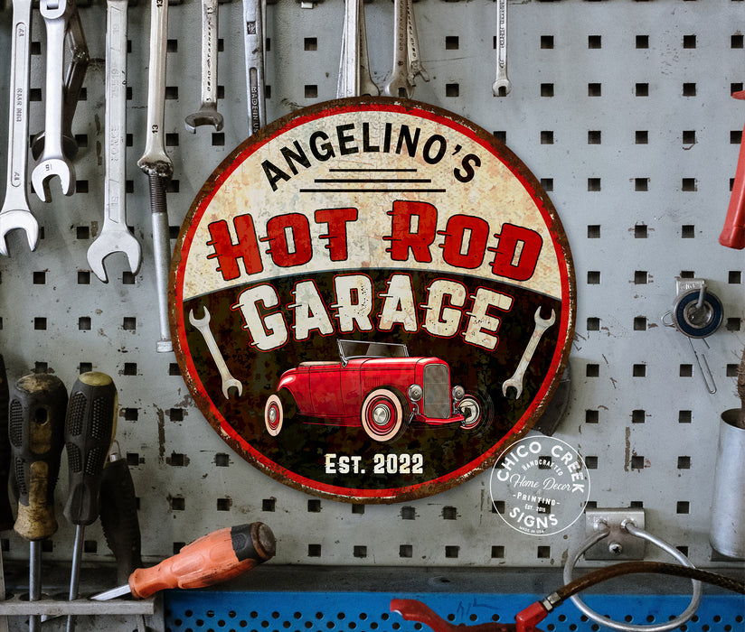 Personalized Hot Rod Garage Round Sign Man Cave Shop Mechanic Auto Car Workshop Wall Decor 100142002001