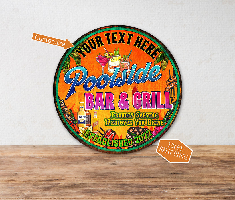 Personalized Poolside Bar and Grill Round Sign 100142002016
