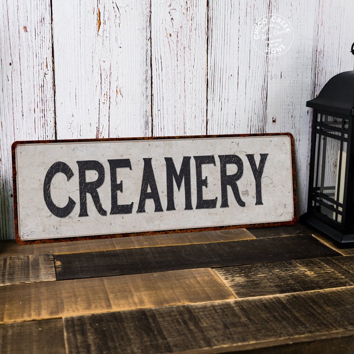 Creamery Vintage Look Black on White Metal Sign
