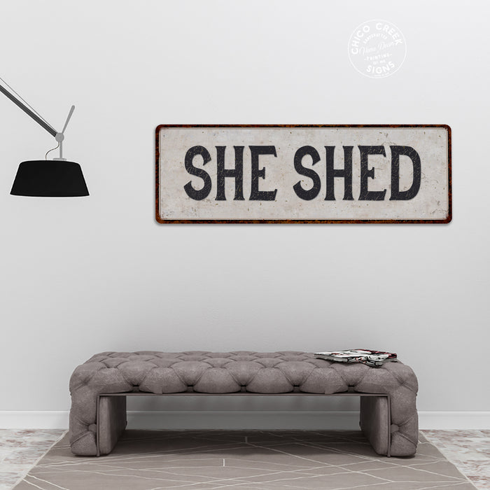 She Shed Vintage Look Black on White Metal Sign 106180023015