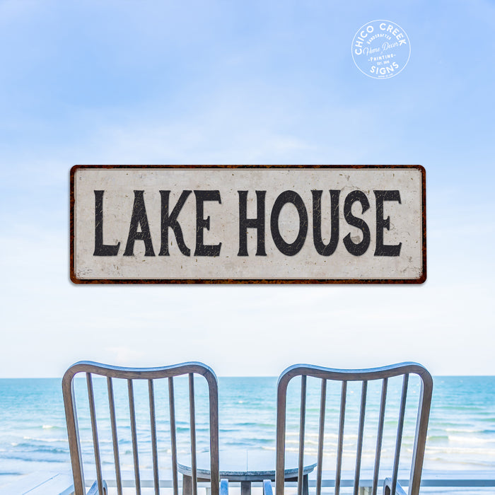 Lake House Vintage Look Black on White Metal Sign