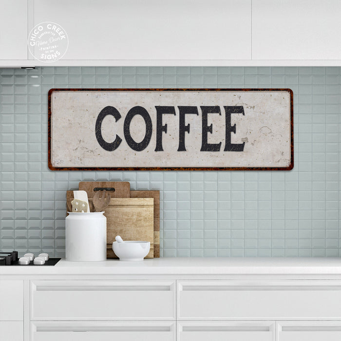 Coffee Vintage Look Black on White Metal Sign