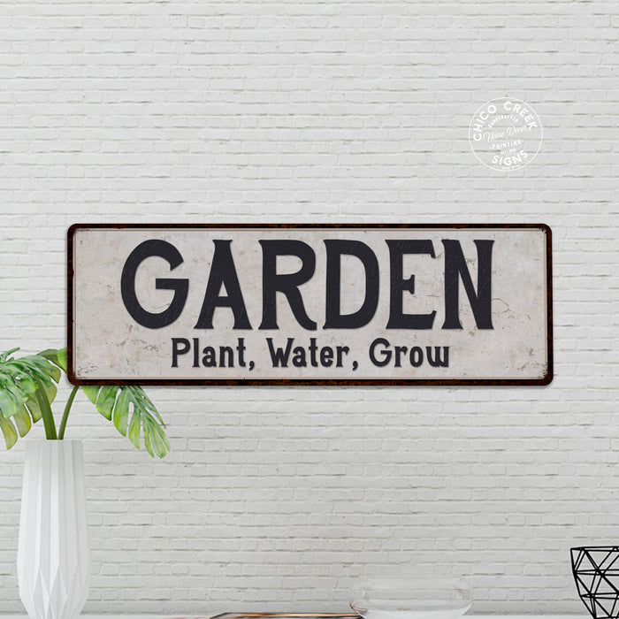 Garden Vintage Look Black on White Metal Sign