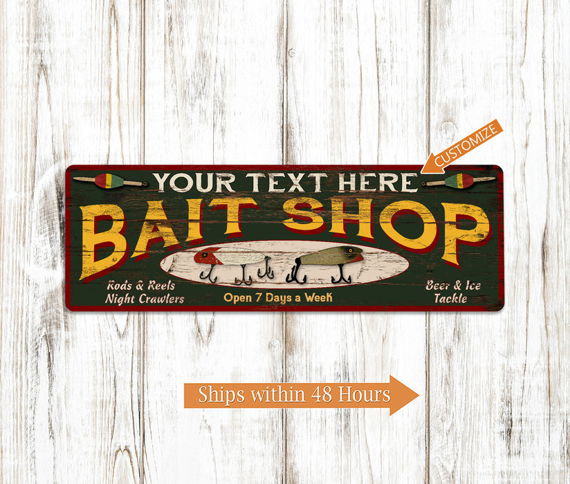 Personalized Bait Shop Sign Wood Look Man Cave Den Metal Sign 106180024001