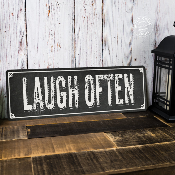 LAUGH OFTEN Shabby Chic Black Chalkboard Metal Sign Decor