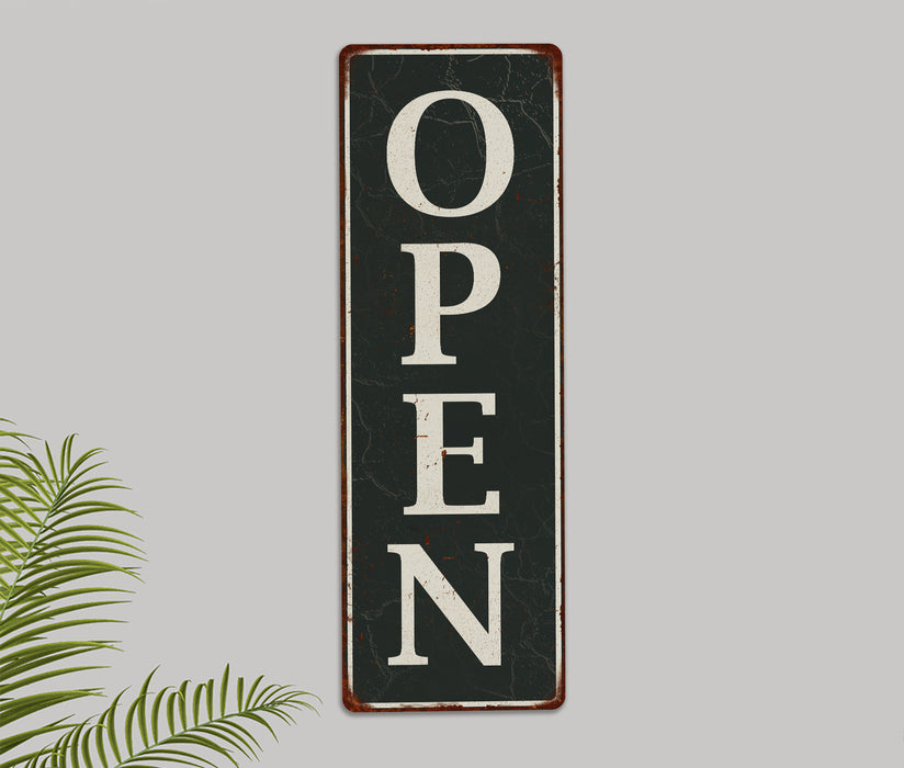 Vertical White on Black OPEN Sign Metal Sign Vintage Looking 106180062009
