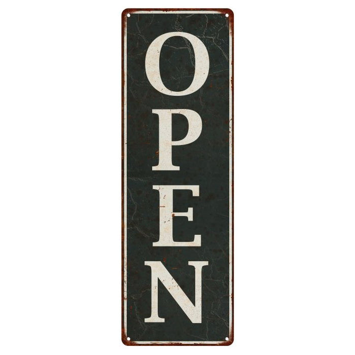Vertical White on Black OPEN Sign Metal Sign Vintage Looking 106180062009