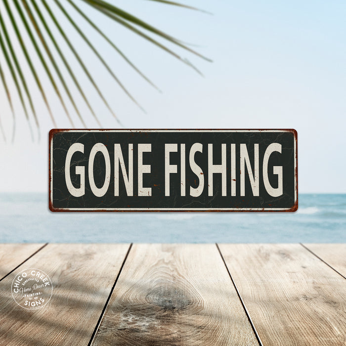 Gone Fishing Metal Sign Vintage Looking