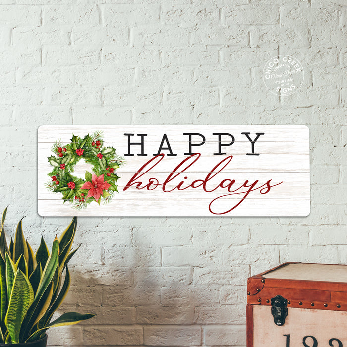 Happy Holidays Christmas Wreath Holiday Christmas Vintage Rustic Metal Sign