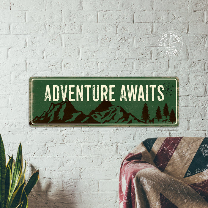Adventure Awaits Metal Sign Green