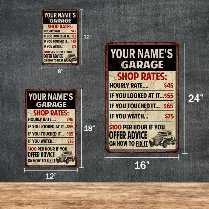 Personalized Garage Shop Rates Sign 108120010001
