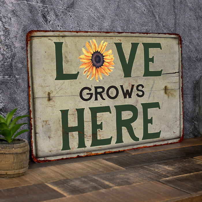 Love Grows Here Vintage Look Garden Chic Metal Sign
