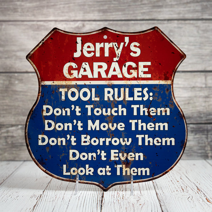 Personalized Garage Tool Rules Gift Shield Metal Sign 211110001001