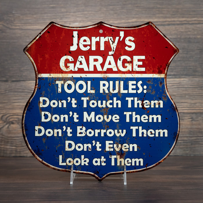 Personalized Garage Tool Rules Gift Shield Metal Sign 211110001001