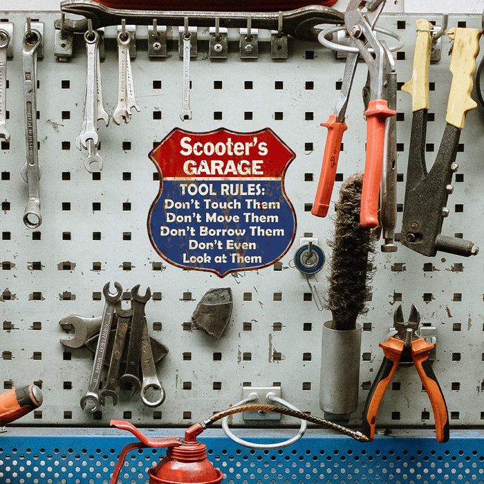 Personalized Garage Tool Rules Gift Shield Metal Sign 211110001001