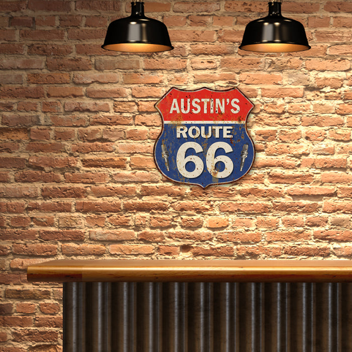 Personalized Route 66 Shield Metal Sign Man Cave Blue 211110002001
