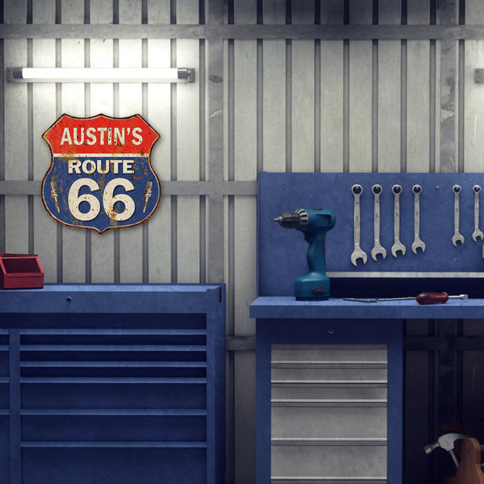 Personalized Route 66 Shield Metal Sign Man Cave Blue 211110002001