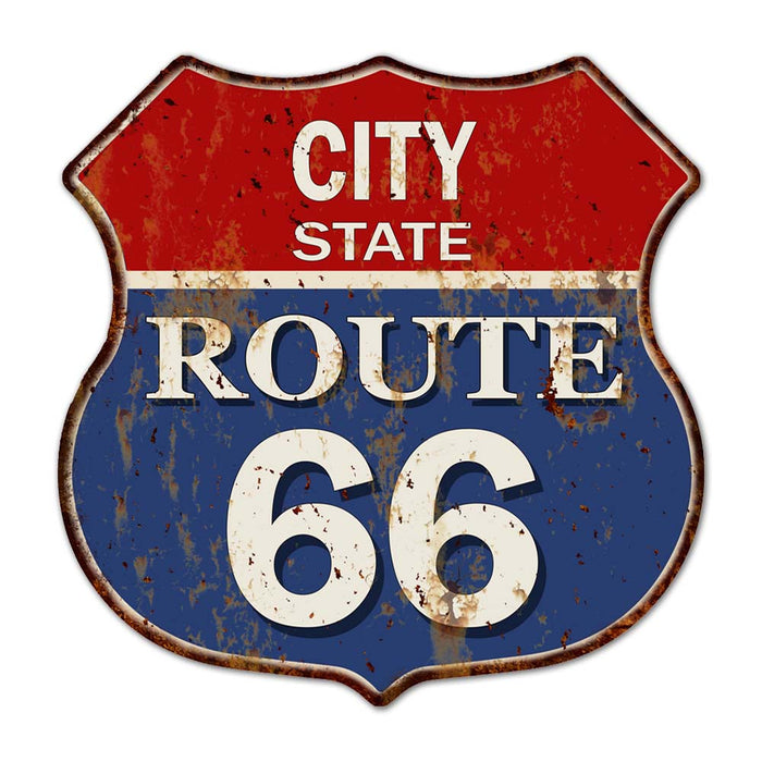 City/State Customized Route 66 Shield Metal Sign Man Cave Red