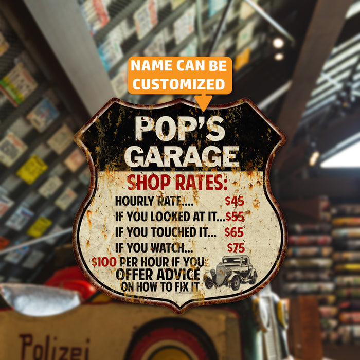 Personalized Garage Shop Rates Gift Shield Metal Sign 211110019001