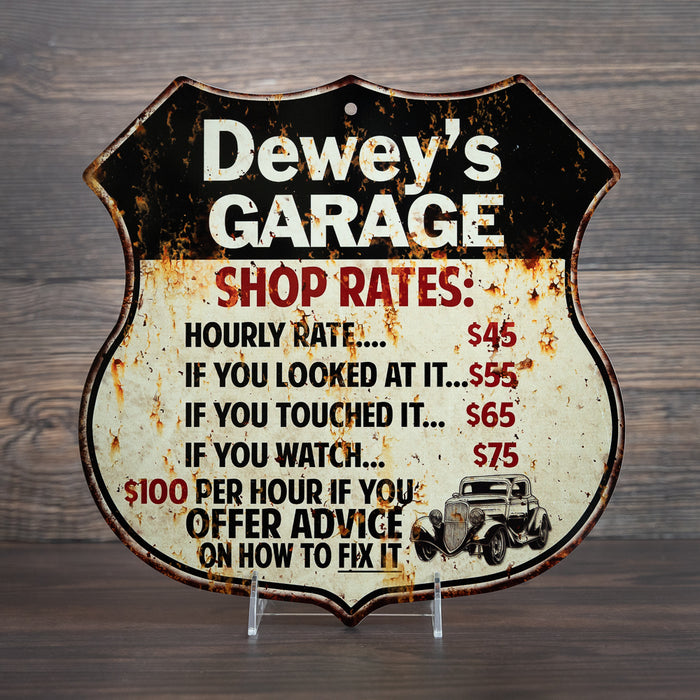 Personalized Garage Shop Rates Gift Shield Metal Sign 211110019001