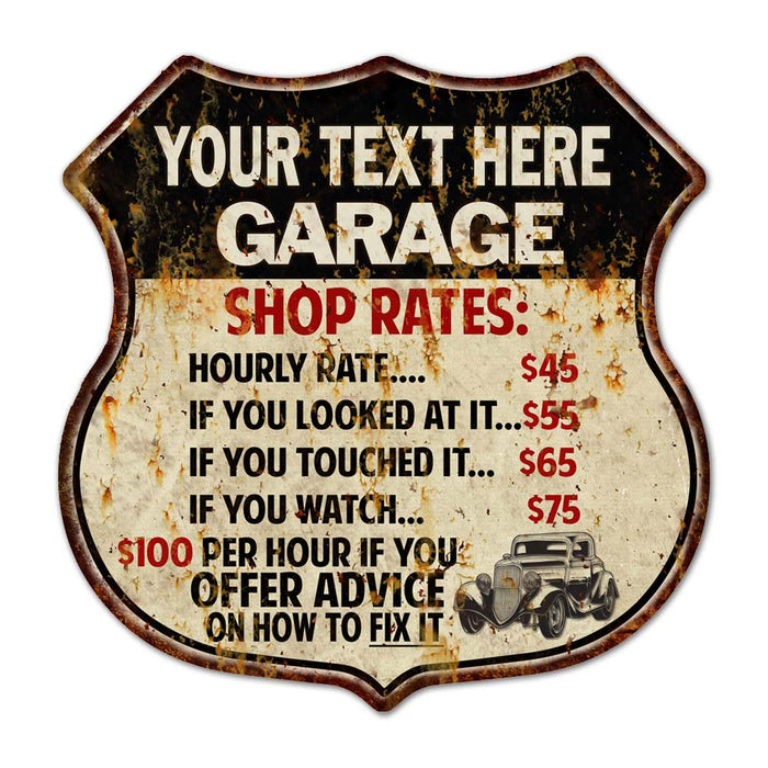Personalized Garage Shop Rates Gift Shield Metal Sign 211110019001