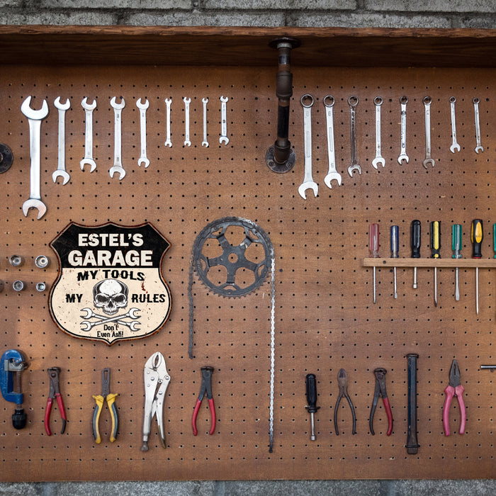 Personalized Garage My Tools My Rules Skull 12x12 Metal Sign 211110025001