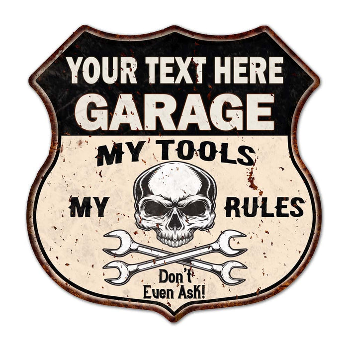 Personalized Garage My Tools My Rules Skull 12x12 Metal Sign 211110025001