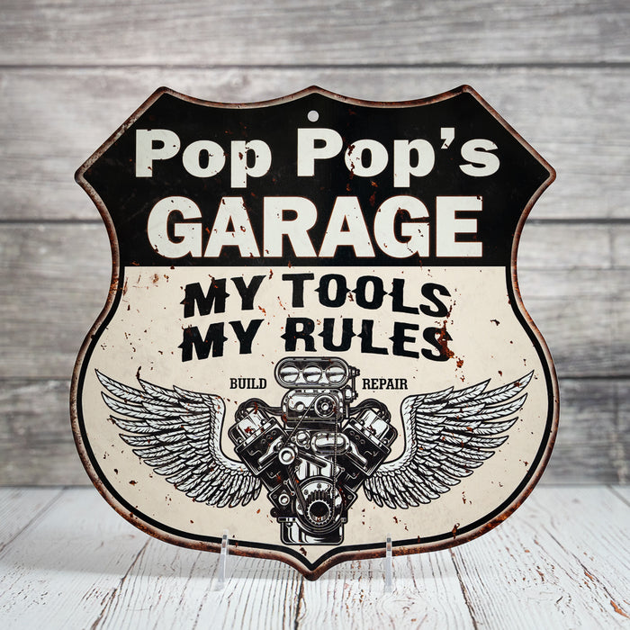 Personalized Garage My Tools My Rules V8 Wings 12x12 Metal Sign 211110026001